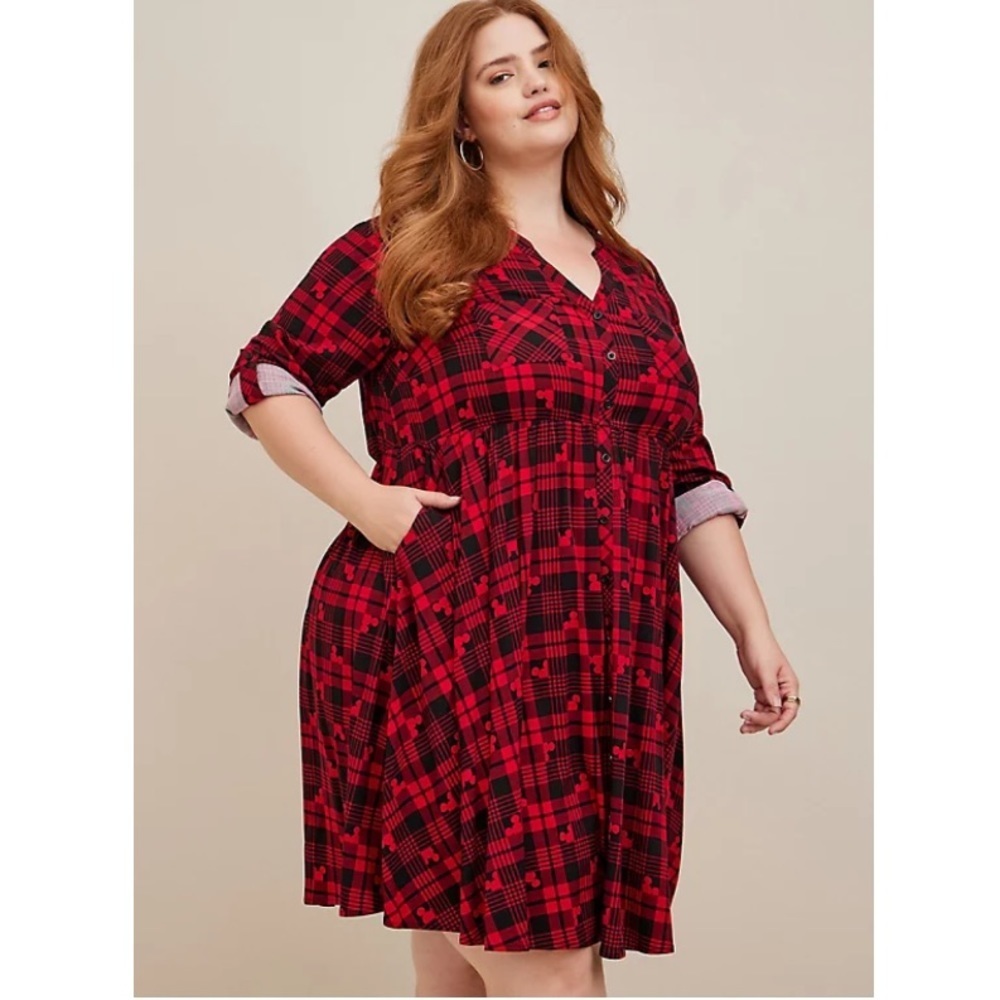 TORRID NWT DISNEY MICKEY MOUSE RED & BLACK PLAID BUTTON FRONT SHIRT DRESS